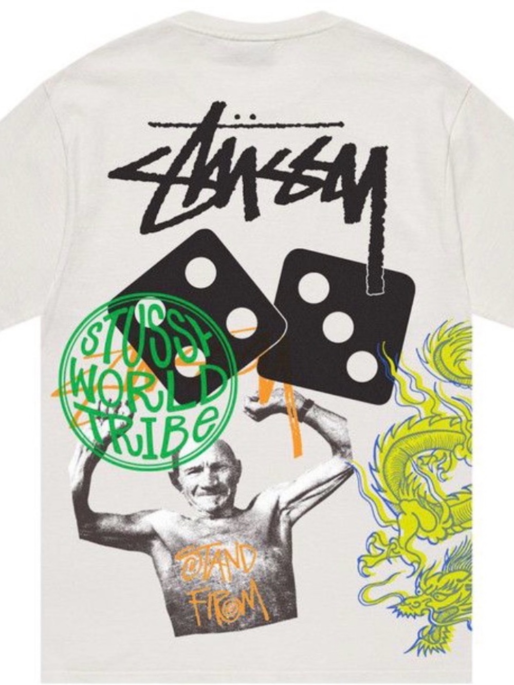 Stussy White Short Sleeve Tee with Black Logo & Neon Green Graphics